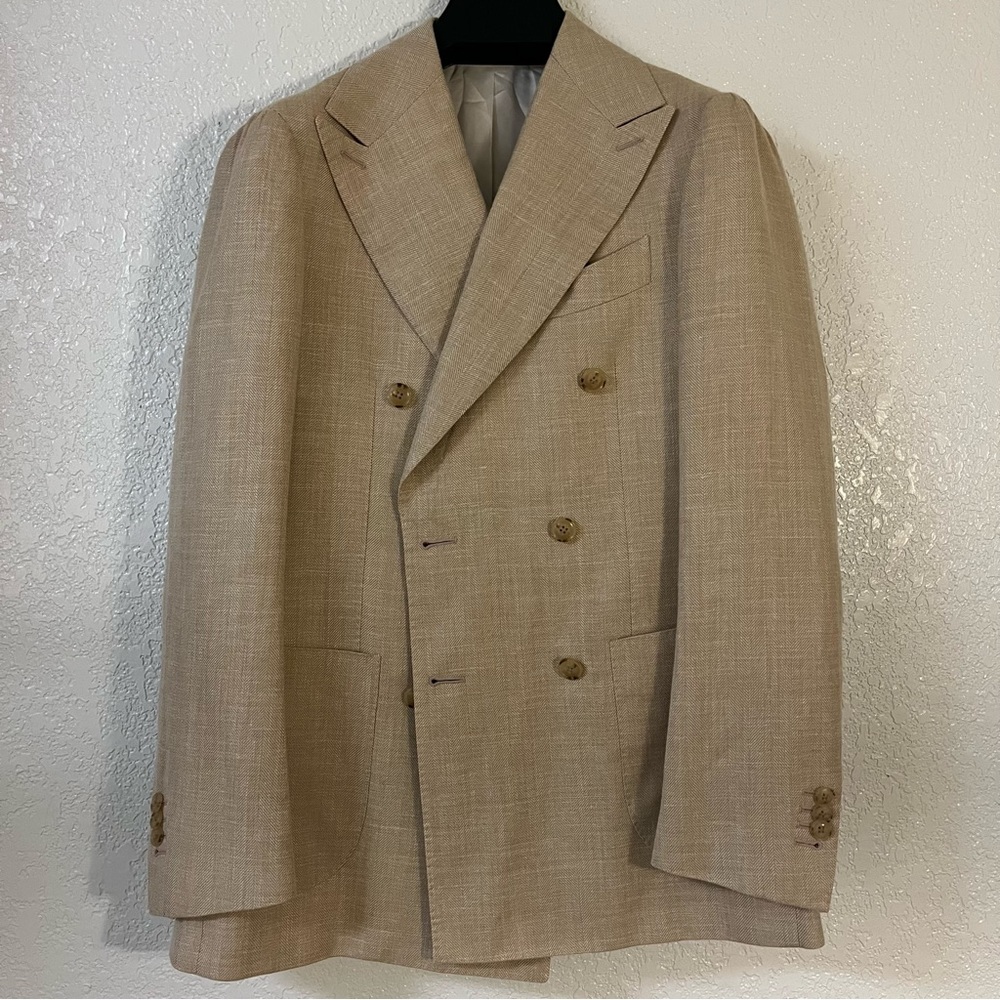 Suit Supply Tan Herringbone Double Breasted Suit